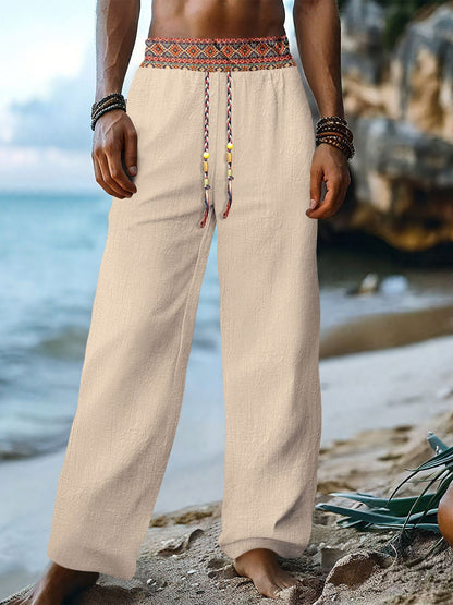 Mens Retro Patchwork Linen Pants