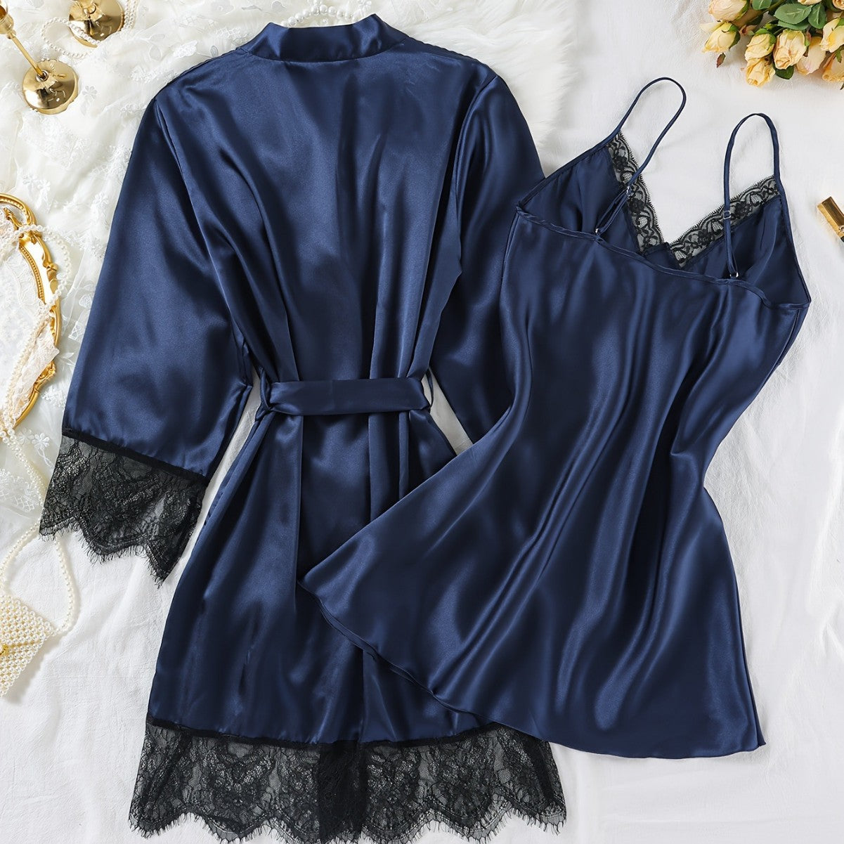 Womens Four-Season Home Wear Strap Nightgown With Tie-Back Robe Set 2 Pieces