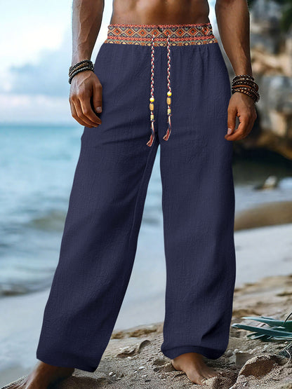 Mens Retro Patchwork Linen Pants