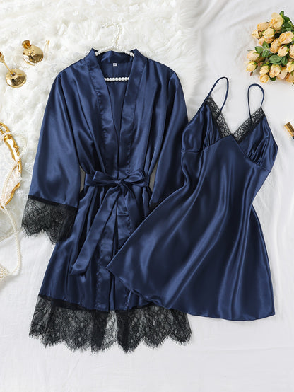 Womens Four-Season Home Wear Strap Nightgown With Tie-Back Robe Set 2 Pieces