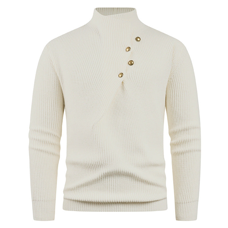 Mens Fashion Stand Collar Sweater With Slanted Buttons Mens Casual Pullover