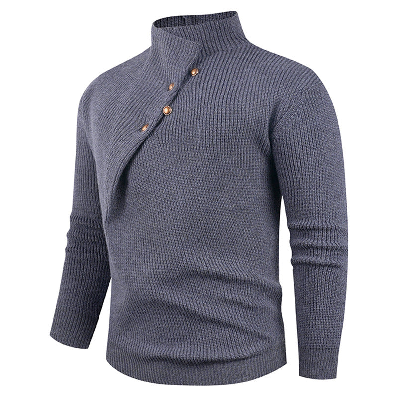Mens Fashion Stand Collar Sweater With Slanted Buttons Mens Casual Pullover