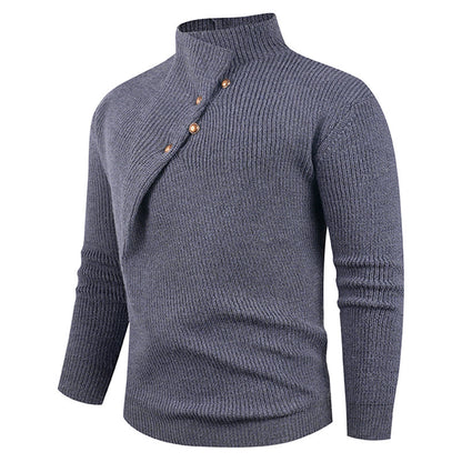 Mens Fashion Stand Collar Sweater With Slanted Buttons Mens Casual Pullover