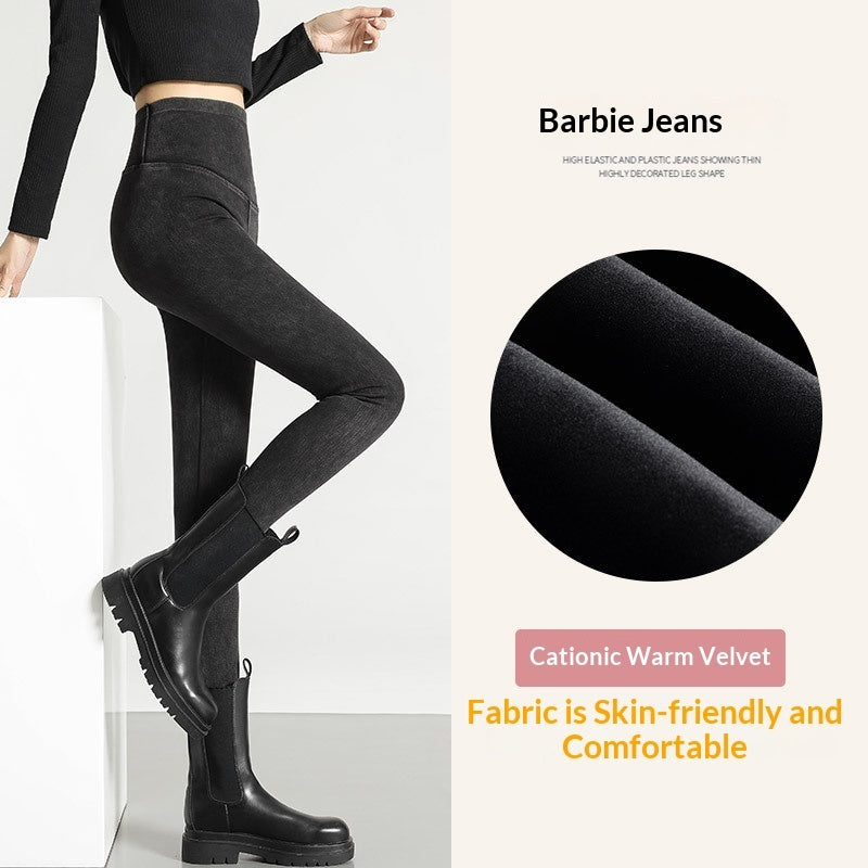 Womens High-waisted Denim Jeans With Fleece Lining For Fallwinter Wear