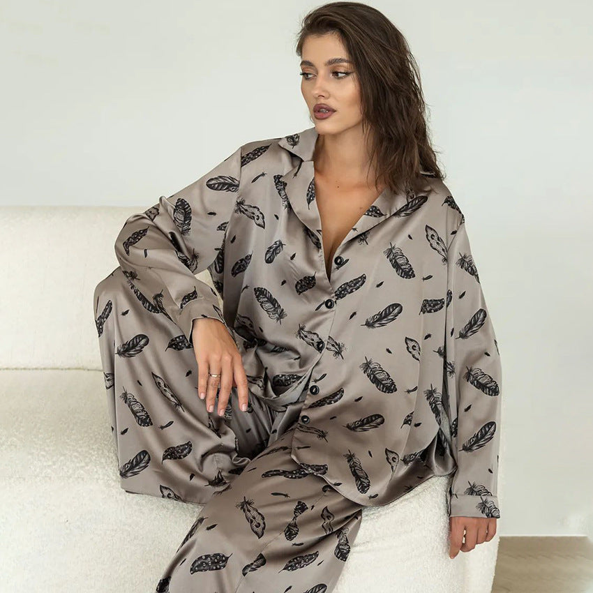 Womens Autumn Loose Stylish Printed Long-Sleeve Top And Pants Two-Piece Set In Imitation Silk For Home Wear