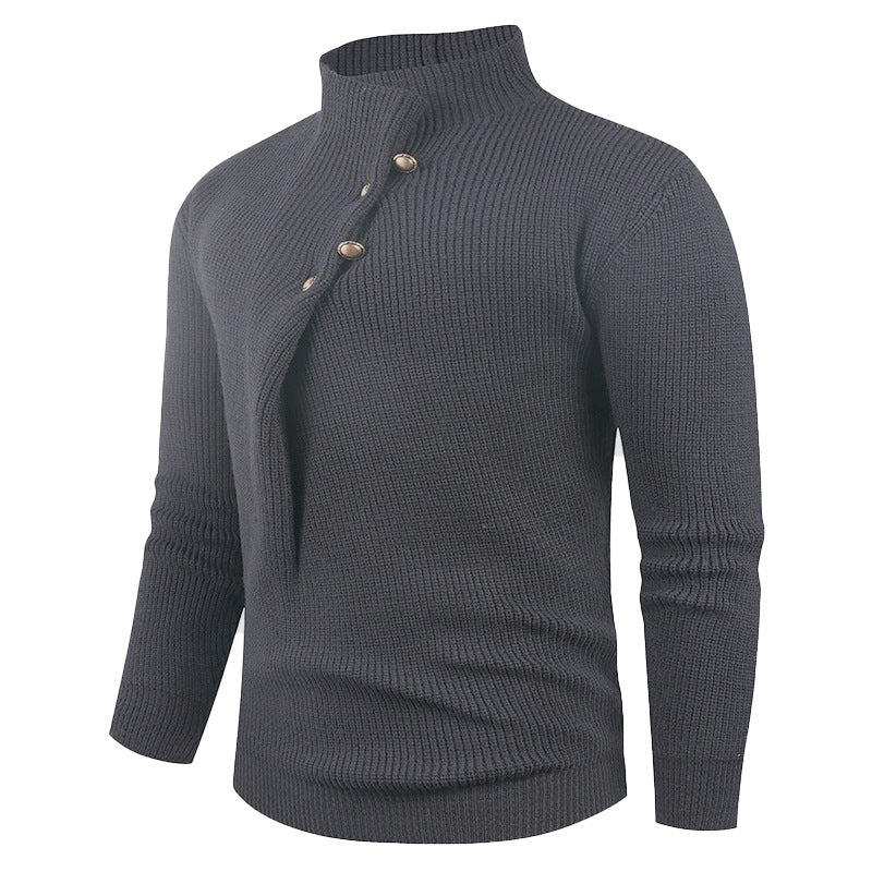 Mens Fashion Stand Collar Sweater With Slanted Buttons Mens Casual Pullover