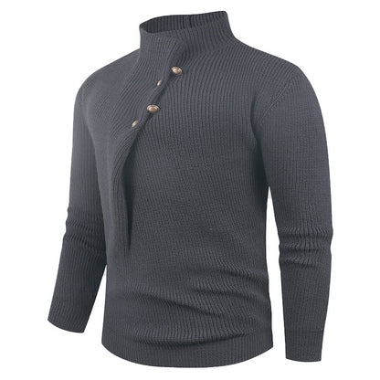 Mens Fashion Stand Collar Sweater With Slanted Buttons Mens Casual Pullover