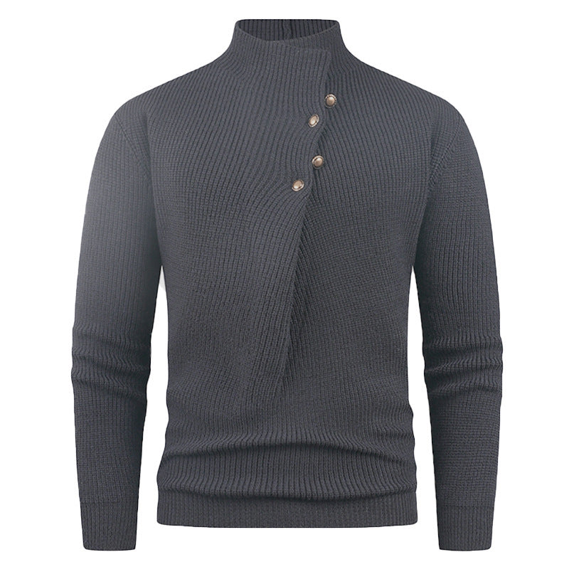 Mens Fashion Stand Collar Sweater With Slanted Buttons Mens Casual Pullover