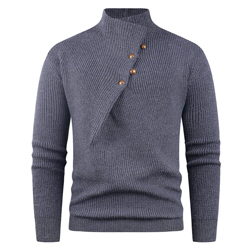 Mens Fashion Stand Collar Sweater With Slanted Buttons Mens Casual Pullover