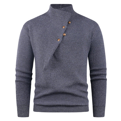 Mens Fashion Stand Collar Sweater With Slanted Buttons Mens Casual Pullover