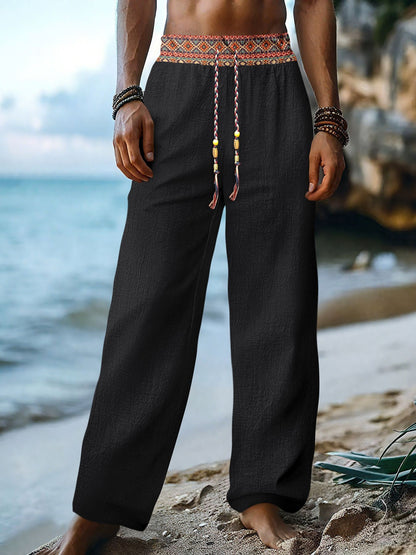 Mens Retro Patchwork Linen Pants