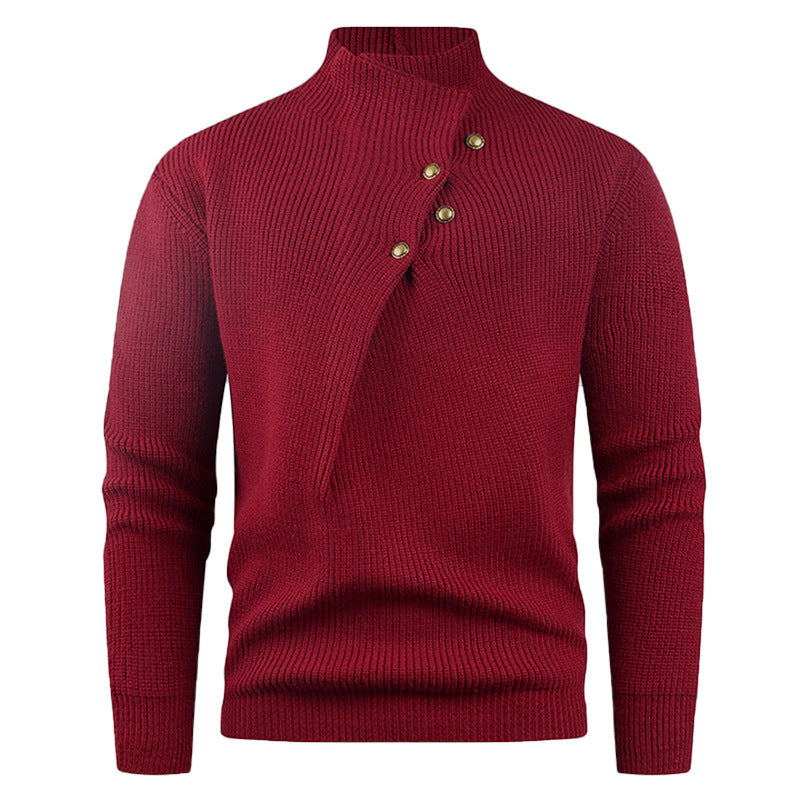 Mens Fashion Stand Collar Sweater With Slanted Buttons Mens Casual Pullover