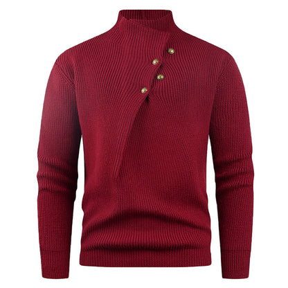 Mens Fashion Stand Collar Sweater With Slanted Buttons Mens Casual Pullover