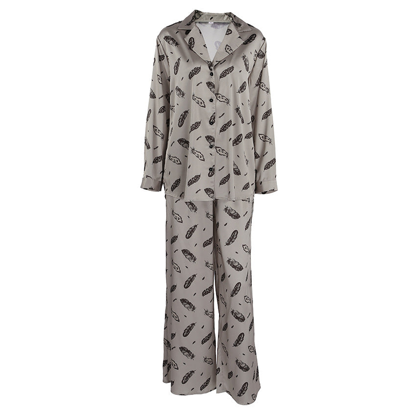 Womens Autumn Loose Stylish Printed Long-Sleeve Top And Pants Two-Piece Set In Imitation Silk For Home Wear
