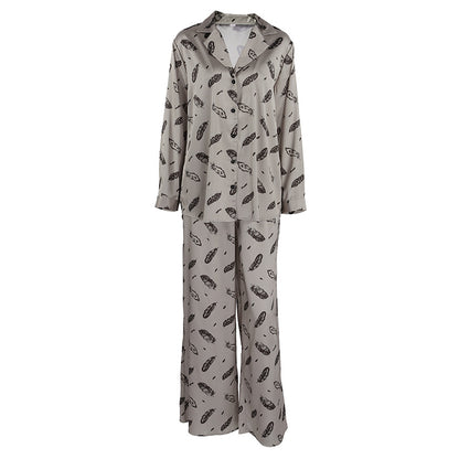 Womens Autumn Loose Stylish Printed Long-Sleeve Top And Pants Two-Piece Set In Imitation Silk For Home Wear