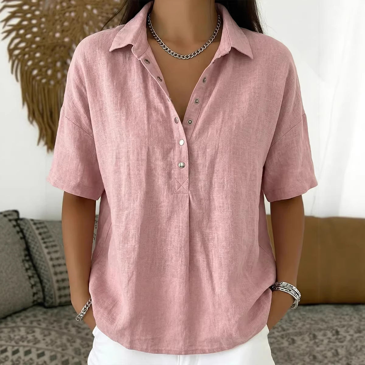 Single-breasted Lapel Shirt E-commerce Bestseller Womens Solid-color Casual Wear