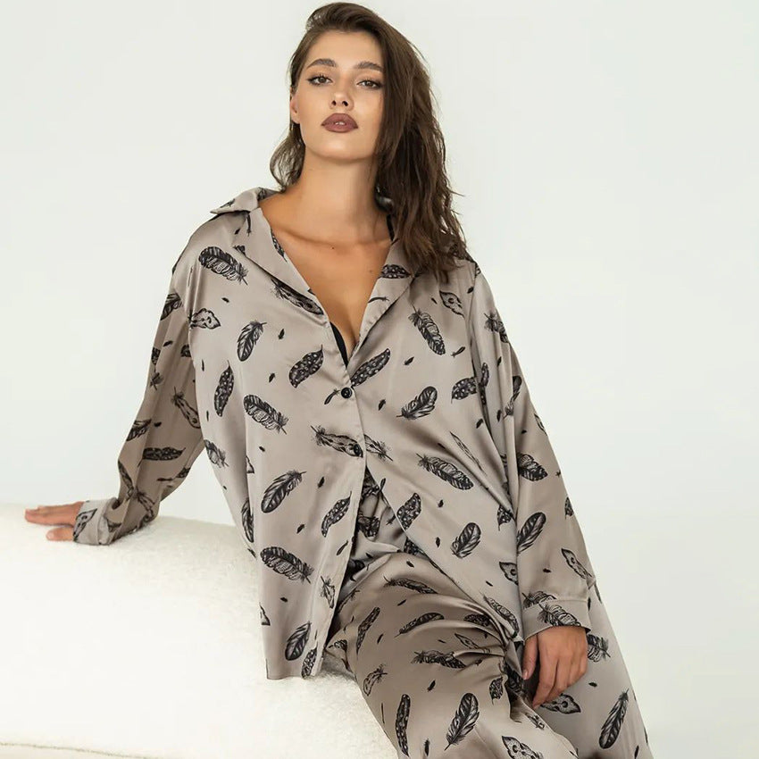 Womens Autumn Loose Stylish Printed Long-Sleeve Top And Pants Two-Piece Set In Imitation Silk For Home Wear