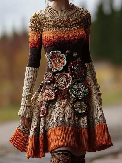 High-neck Dress Sweater Vintage Cable-knit Long-sleeve Womens Wear