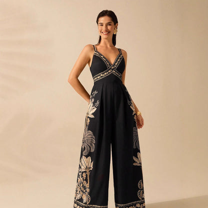 V-neck Sleeveless Strap Long Jumpsuit Womens Vacation Wear