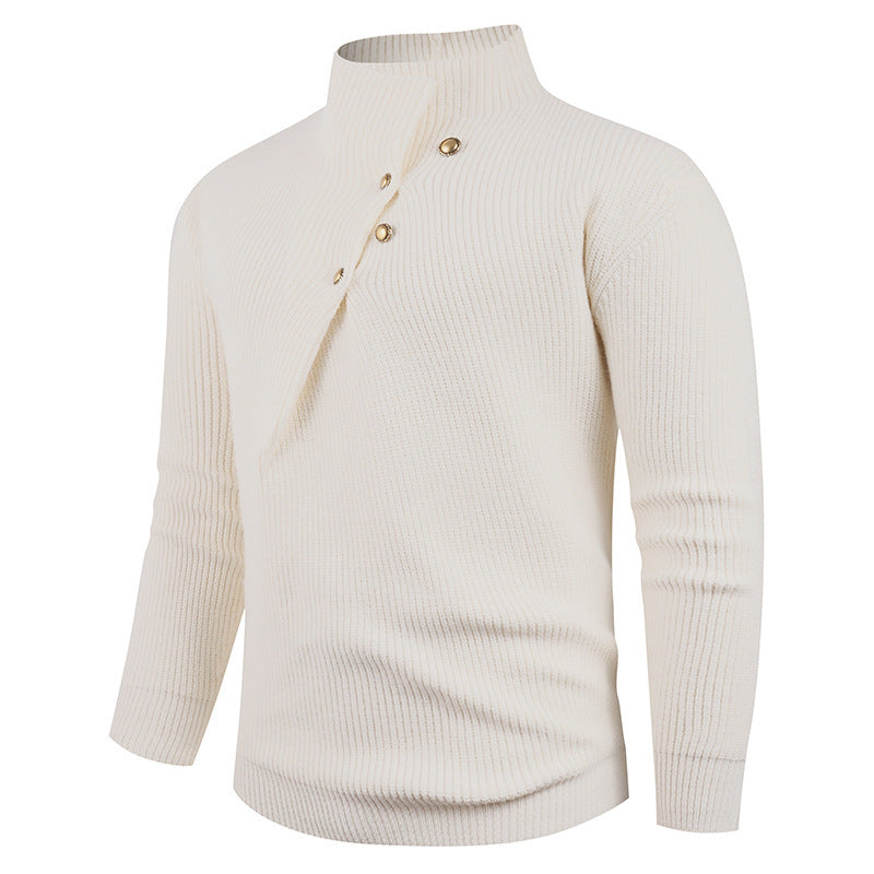 Mens Fashion Stand Collar Sweater With Slanted Buttons Mens Casual Pullover