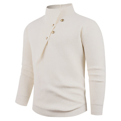 Mens Fashion Stand Collar Sweater With Slanted Buttons Mens Casual Pullover