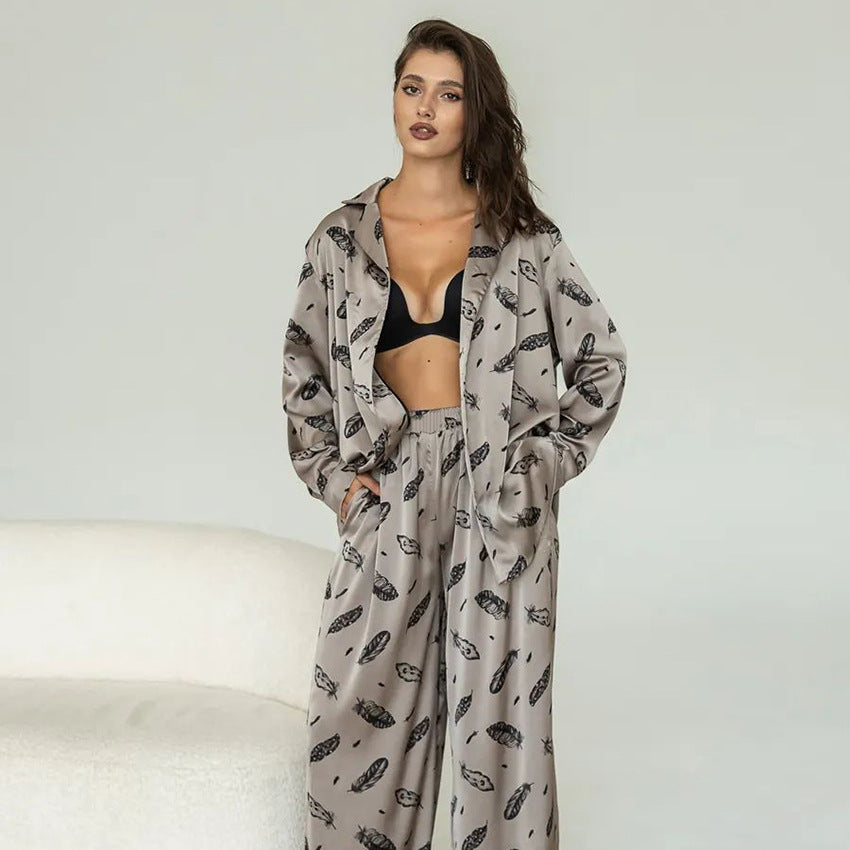 Womens Autumn Loose Stylish Printed Long-Sleeve Top And Pants Two-Piece Set In Imitation Silk For Home Wear
