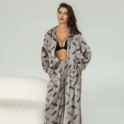 Womens Autumn Loose Stylish Printed Long-Sleeve Top And Pants Two-Piece Set In Imitation Silk For Home Wear