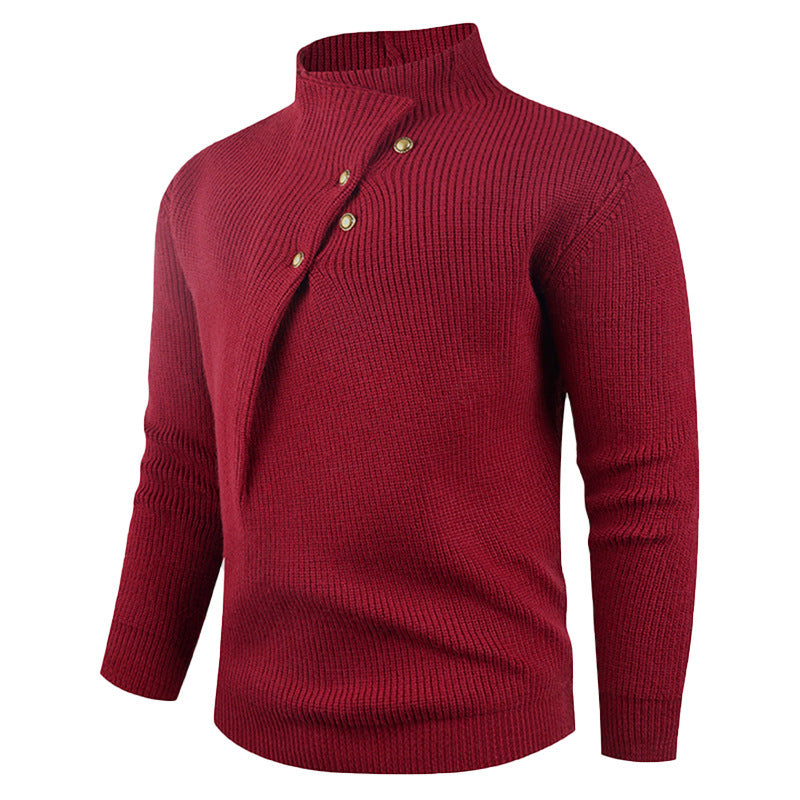 Mens Fashion Stand Collar Sweater With Slanted Buttons Mens Casual Pullover
