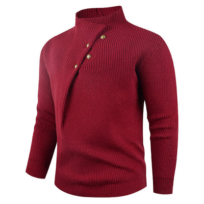Mens Fashion Stand Collar Sweater With Slanted Buttons Mens Casual Pullover