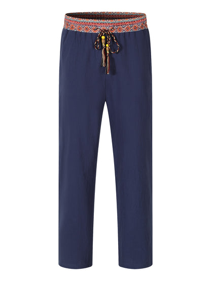 Mens Retro Patchwork Linen Pants